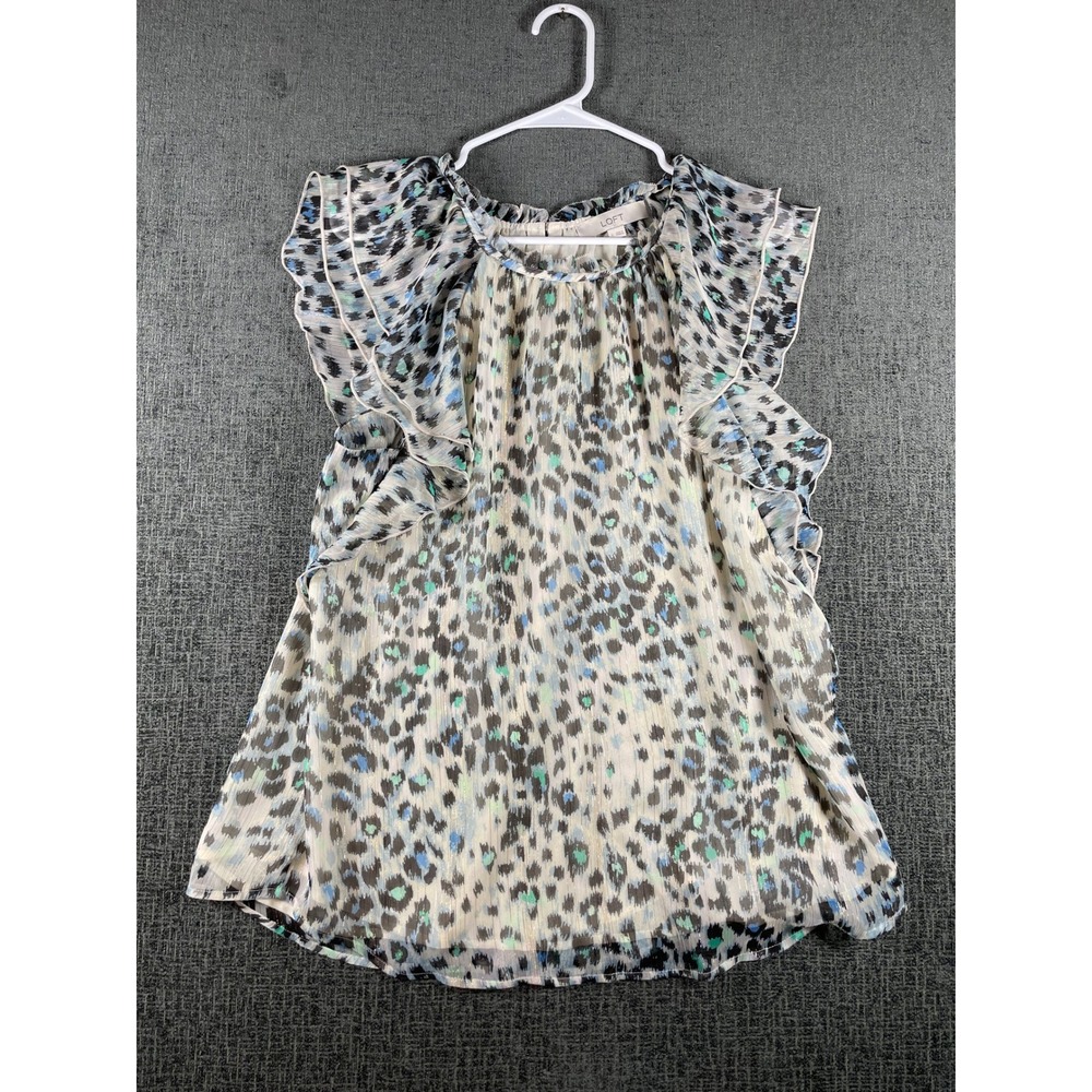 Loft Womens Large Animal Print Ruffle Sleeve Blouse Metallic Stripe Blue Green